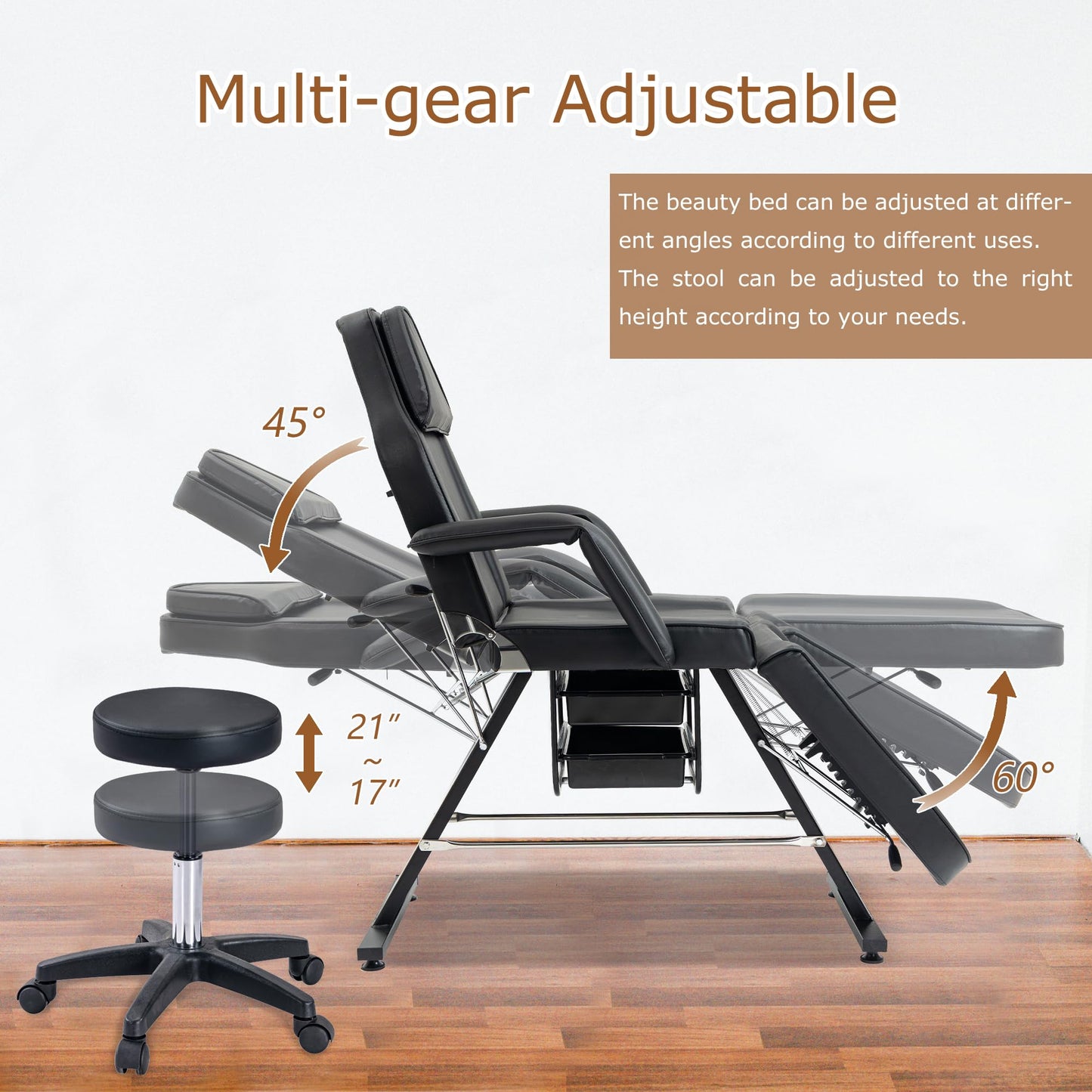 KEIKI Massage Salon Tattoo Chair Esthetician Bed with 2 Tray, Hydraulic Stool, Wide Leg Multi-Purpose 3-Section Facial Bed Table with Adjustable Spa Beauty Equipment, Easy Assembly, Black