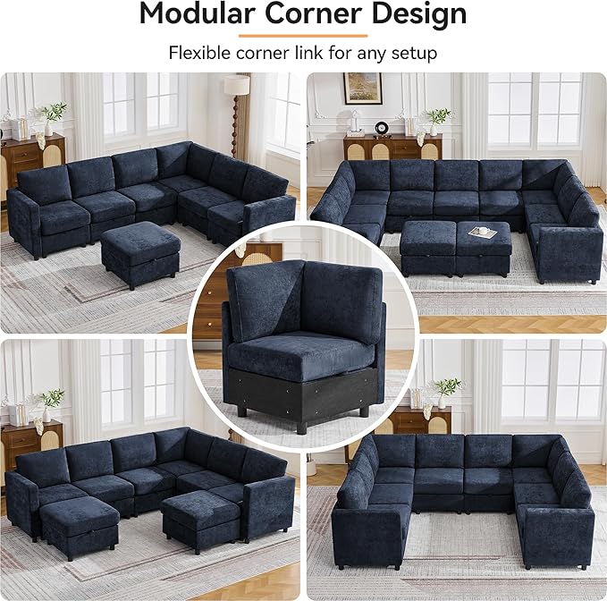 104'' V Shaped Modular Sofa, Sectional Couch with Storage for Living Room, Modern 7 Seater Cloud Sectional Couch with Movable Ottoman, Chenille Navy