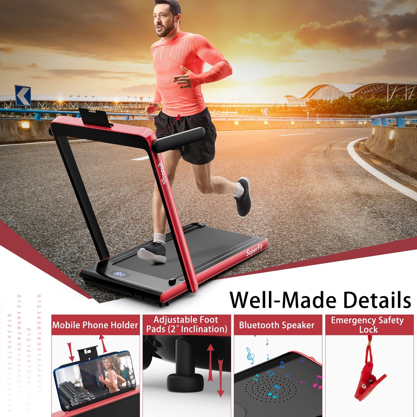 Goplus 2 in 1 Under Desk Treadmill, 2.5HP Superfit Folding Treadmills for Home Office w/Smart APP, Remote Control, LED Display, Bluetooth Speaker, Foldable Walking Jogging Machine (Red)