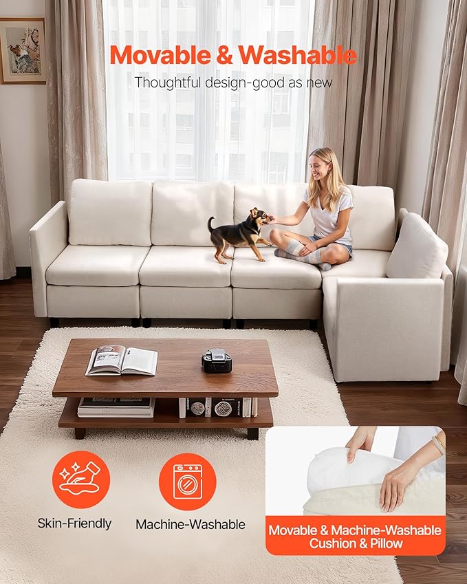 VEVOR Modular Sectional Sofa, Modern 5-Seater Modular Sofa with Hidden Storage, Customizable Cloud Sectional Couch, Solid Wood Frame Upholstered Comfy Couch for Living Room, Bedroom, Beige
