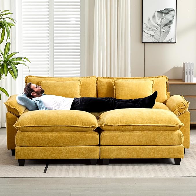 Oprisen 86" Modular Sectional Sofa, Comfy Cloud Couch Sectional Sofa with Ottoman, Chenille Sofa Sleeper Deep Seat Sofa with Throw Pillows for Living Room (Yellow)