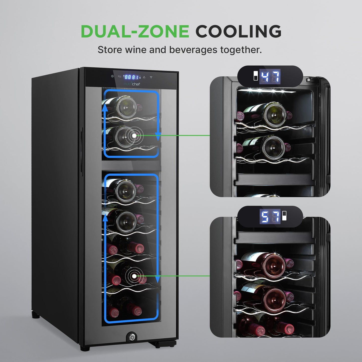 Nutrichef 18 Bottle Wine Fridge - Dual Zone Wine Chiller, Adjustable Temperature 41°F to 64°F, Ultra Quiet Operation, Free Standing Wine Cooler For Home, & Office, 32 x 11 x 26 IN (Black)