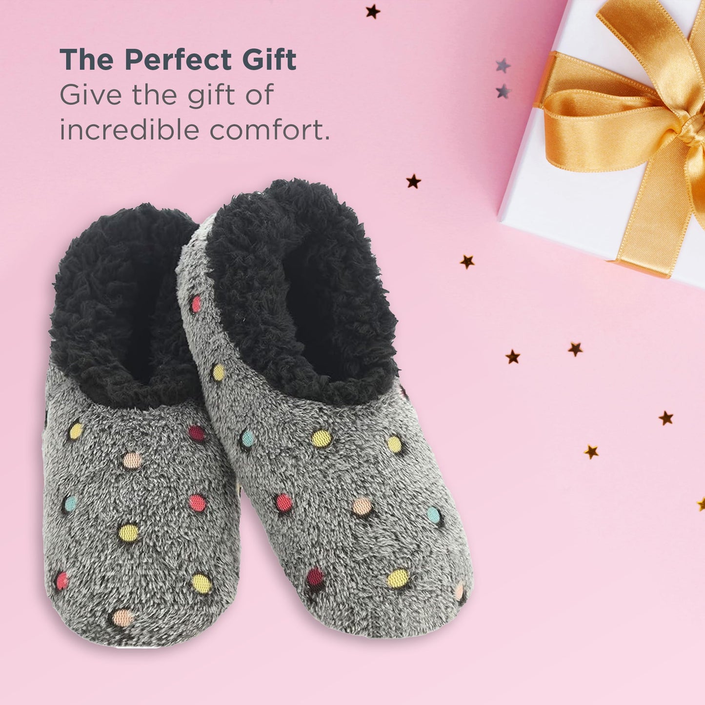 Snoozies Slippers for Women | Lotsa Dots Colorful Cozy Sherpa Slipper Socks | Womens House Slippers | Cozy Slippers for Women | Fuzzy Slippers | Black | Large