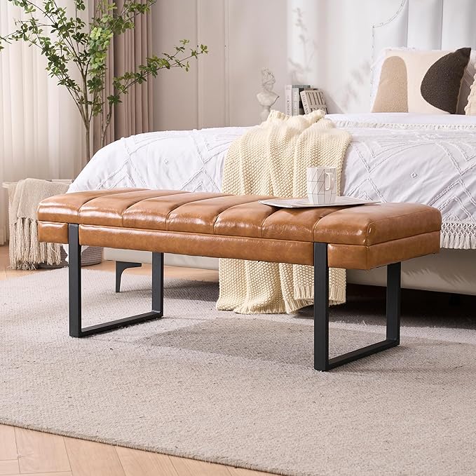 AIITTCC Faux Leather Ottoman Bench, Tufted Padded End of Bed Bench with Metal Legs, Upholstered Shoe Bench for Bedroom Living Room Entryway Window (Camel Brown, 46" Wide)