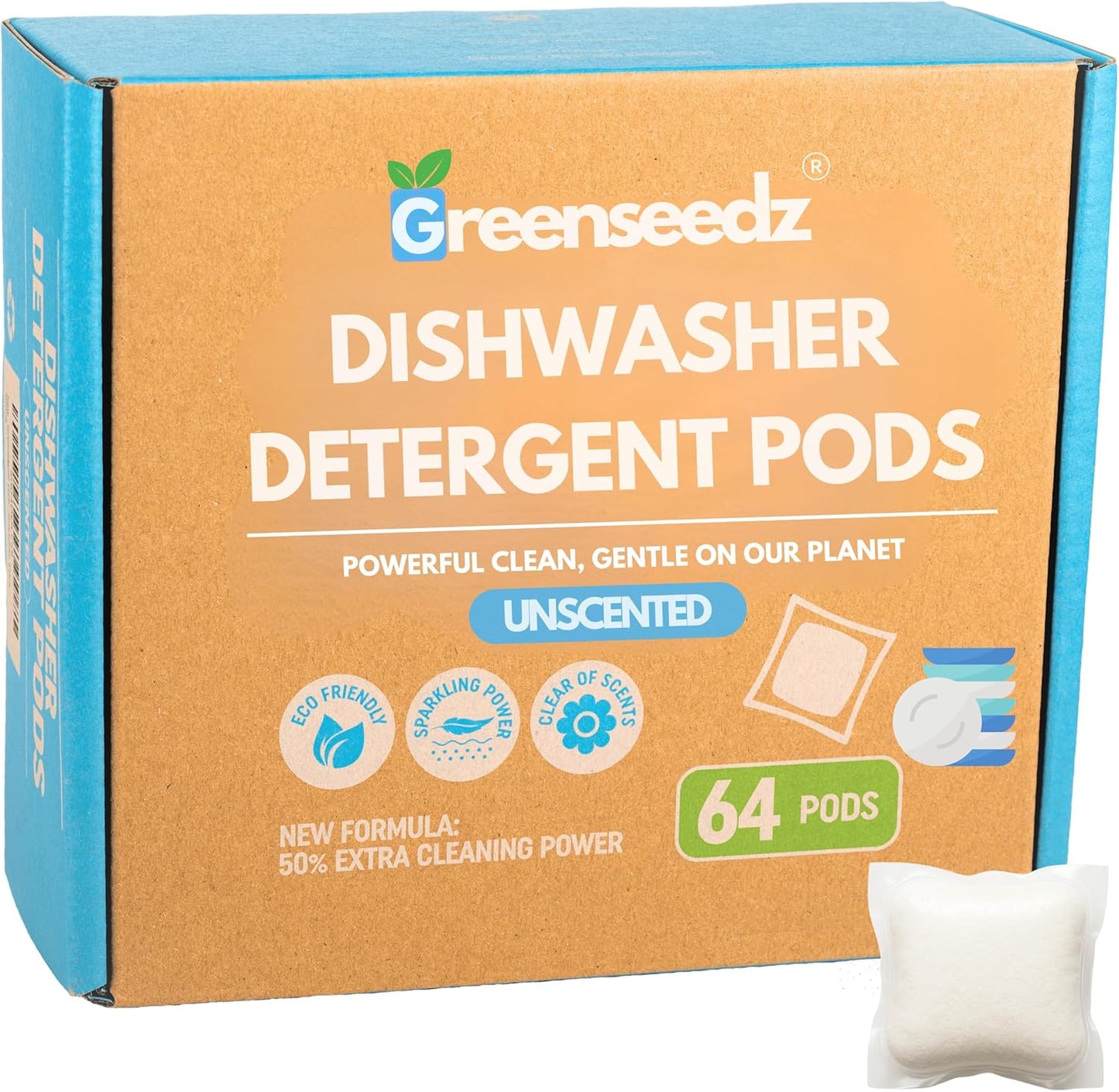 Dishwasher Detergent Pods Free & Clear, Unscented, Eco Friendly, Cuts Grease, 64 Count, Powerful Formula for Sparkling Clean Dishes, Automatic Dishwasher Safe