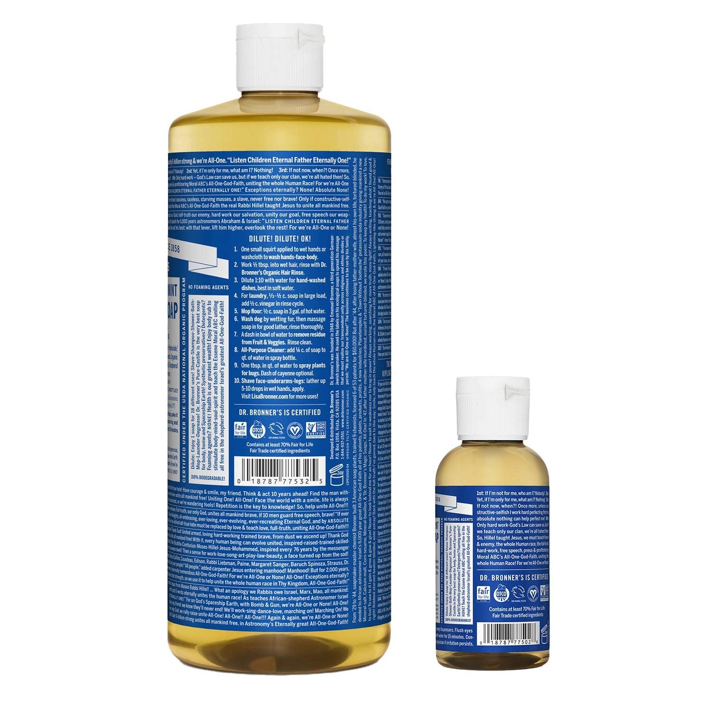 Dr. Bronner's - Pure-Castile Liquid Soap (Peppermint, 32 ounce and 2oz bundle) - Made with Organic Oils, 18-in-1 Uses: Face, Bod