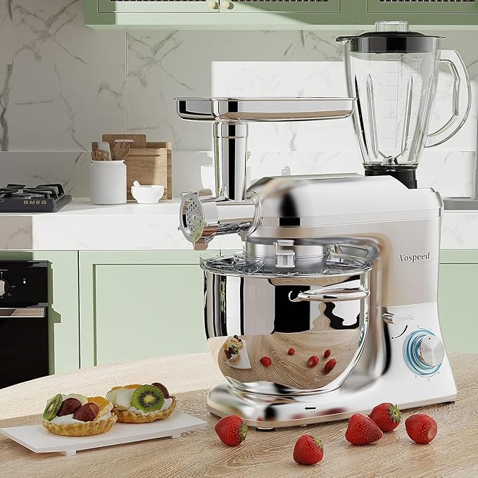 Stand Mixer 9 IN 1, 850W Tilt-Head Multifunctional Electric Mixer with 8 QT Stainless Steel Bowl, 1.5L Glass Jar, Meat Grinder, Hook, Whisk, Beater Dishwasher Safe (Silvery)