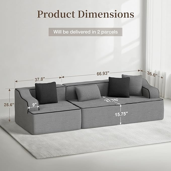 SUNSHINE VALLEY 3 Seat Boneless Sectional Couch in Box, 104'' Corduroy Modular Cloud Sofa for Living Room Bedroom, Modern Upholstered Couch with Deep Seat, No Assembly Required, Grey