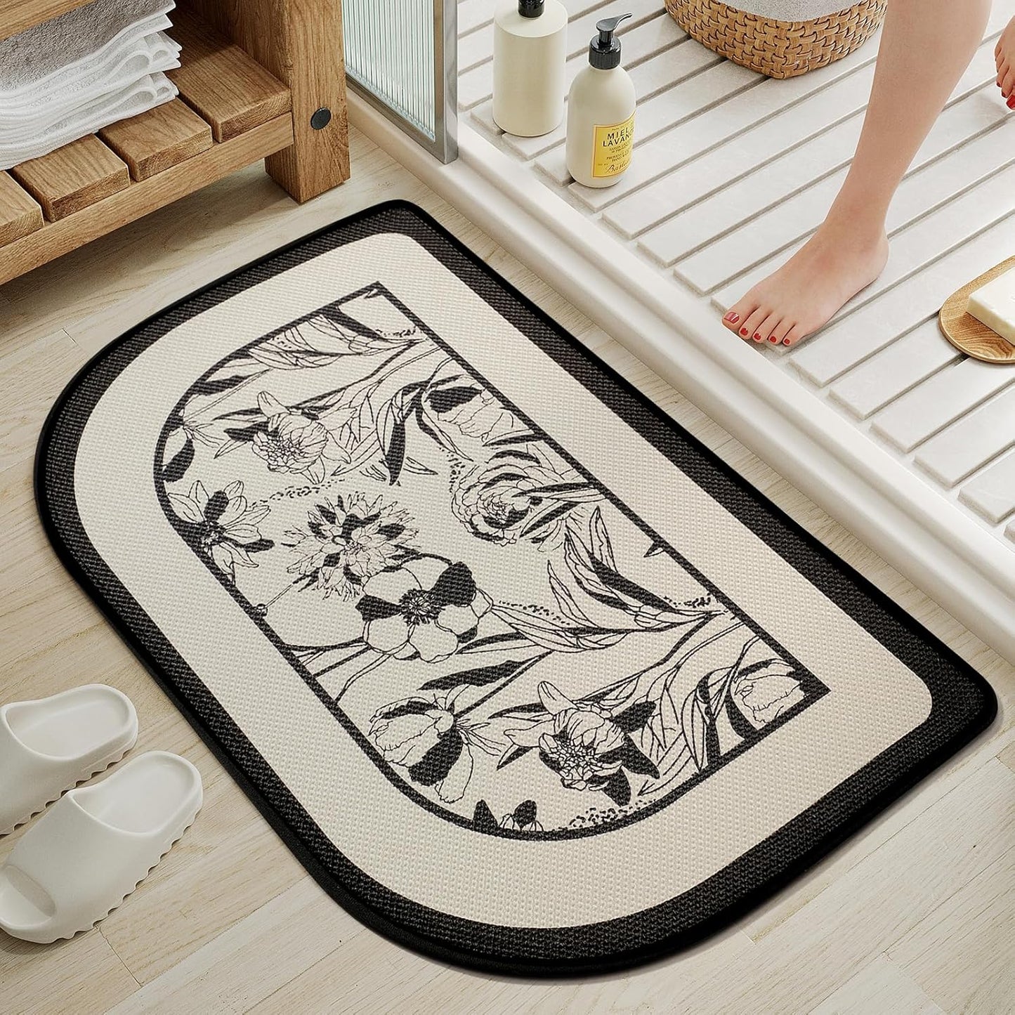 Half Circle Bath Mat,Thin Bathroom Rugs Fit Under Door Quick Dry Non Slip Washable Bathroom Mat with Rubber Backing,Absorbent Woven Half Round Shower Rug
