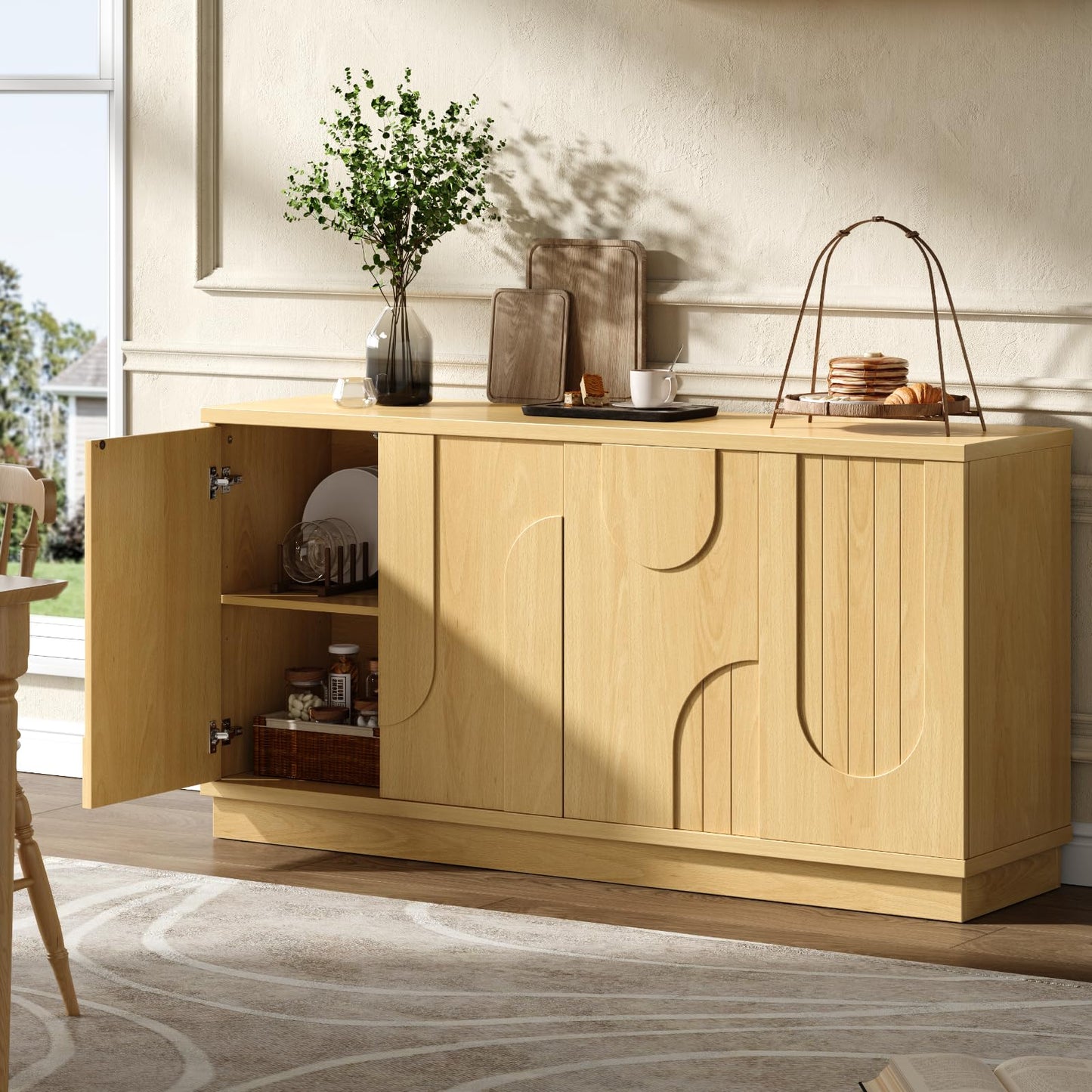 ONBRILL Modern 59" Sideboard Buffet Cabinet with Storage, Arched Finish Kitchen Storage Cabinet,Coffee Bar Console Table with 4 Doors and Adjustable Shelves for Living Room, Hallway, Natural