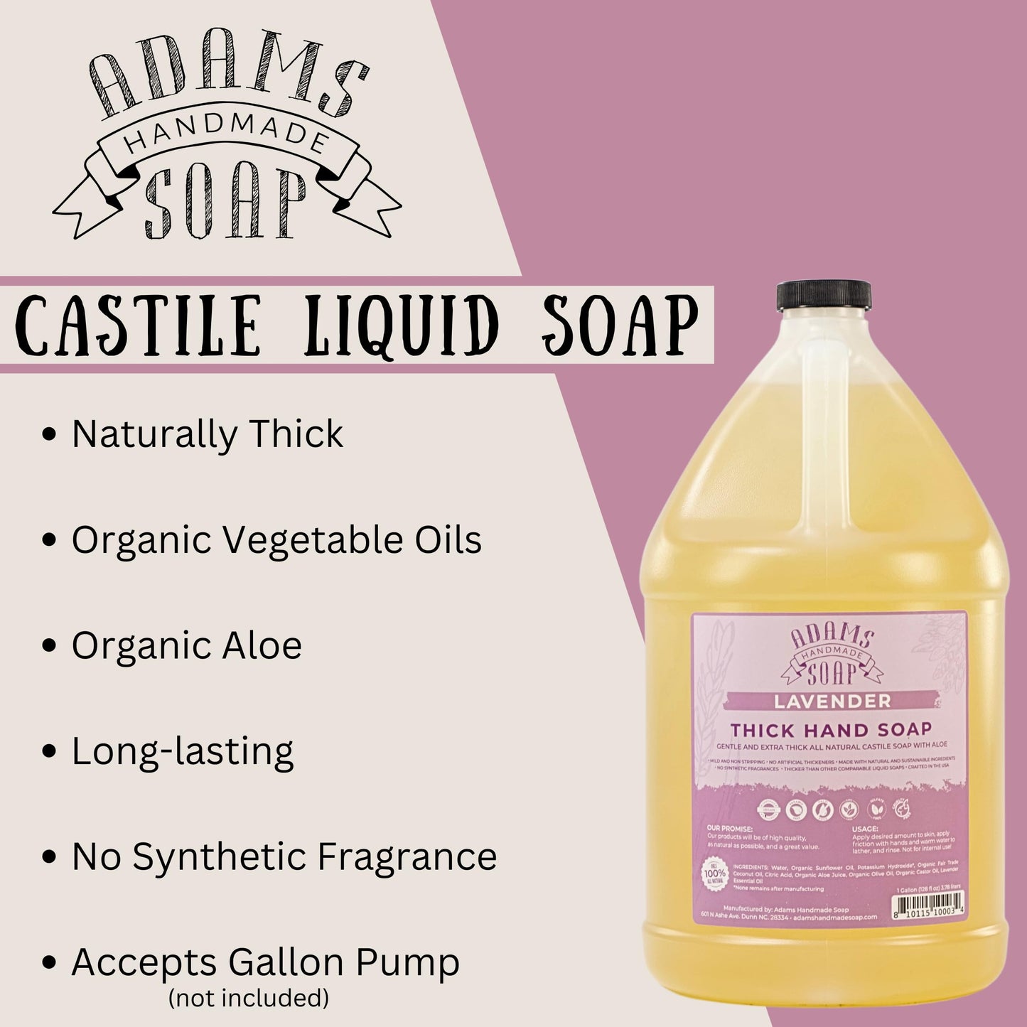 Adams Handmade Soap Thick Organic Castile Liquid Hand Soap 1 Gallon Refill - Lavender (Pack of 4)