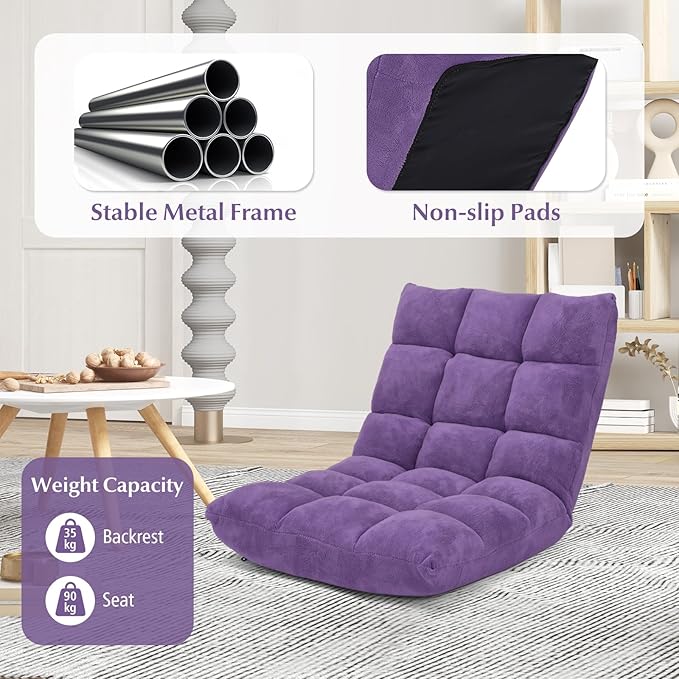 Folding Floor Chair w/Back Support, 14-Position Adjustable Lazy Sofa Chair w/Coral Velvet Fabric & Alloy Steel Frame, Portable Meditation Chair for Reading, Gaming,Sleeping (Purple)