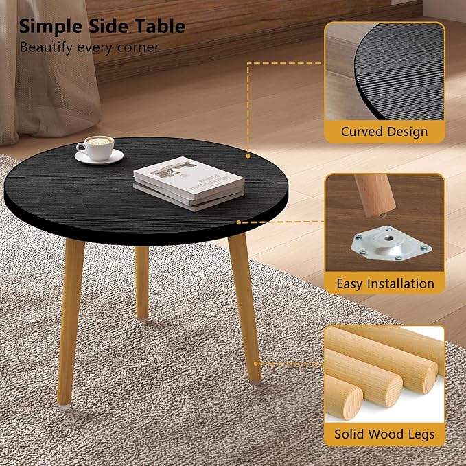 Funecy Round Coffee Table Low Table with 3 Solid Wood Sturdy Legs, Floor Table Desk for Sitting on The Floor, Storage and Living Room Furniture (Black)