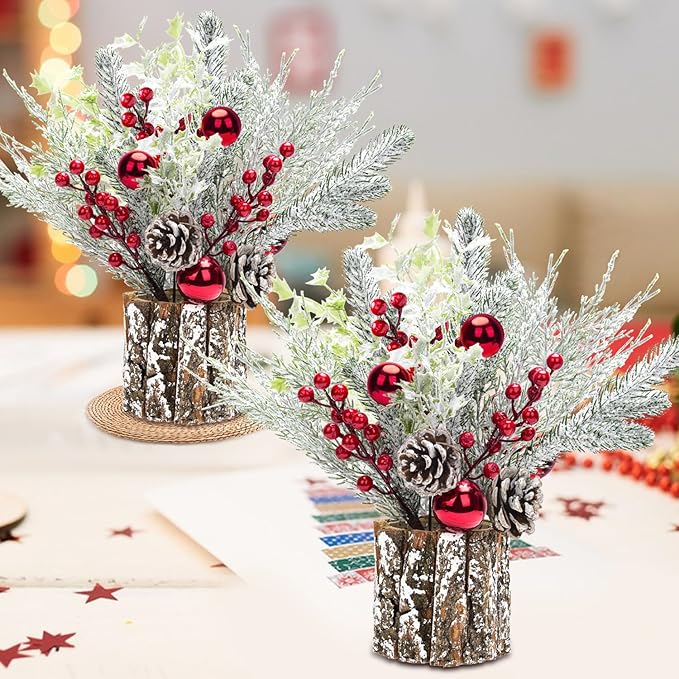 2 Pack Christmas Table Decorations, 14 Inch Christmas Centerpiece Small Potted Christmas Tree with Lights, Pine Cones and ...