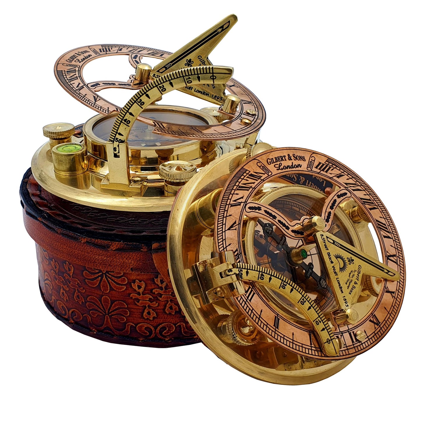 NETAEX Antique Brass & Copper Sundial Compass, Sundial Clock in Leather Box Gift Sun Clock Ship Replica Watch