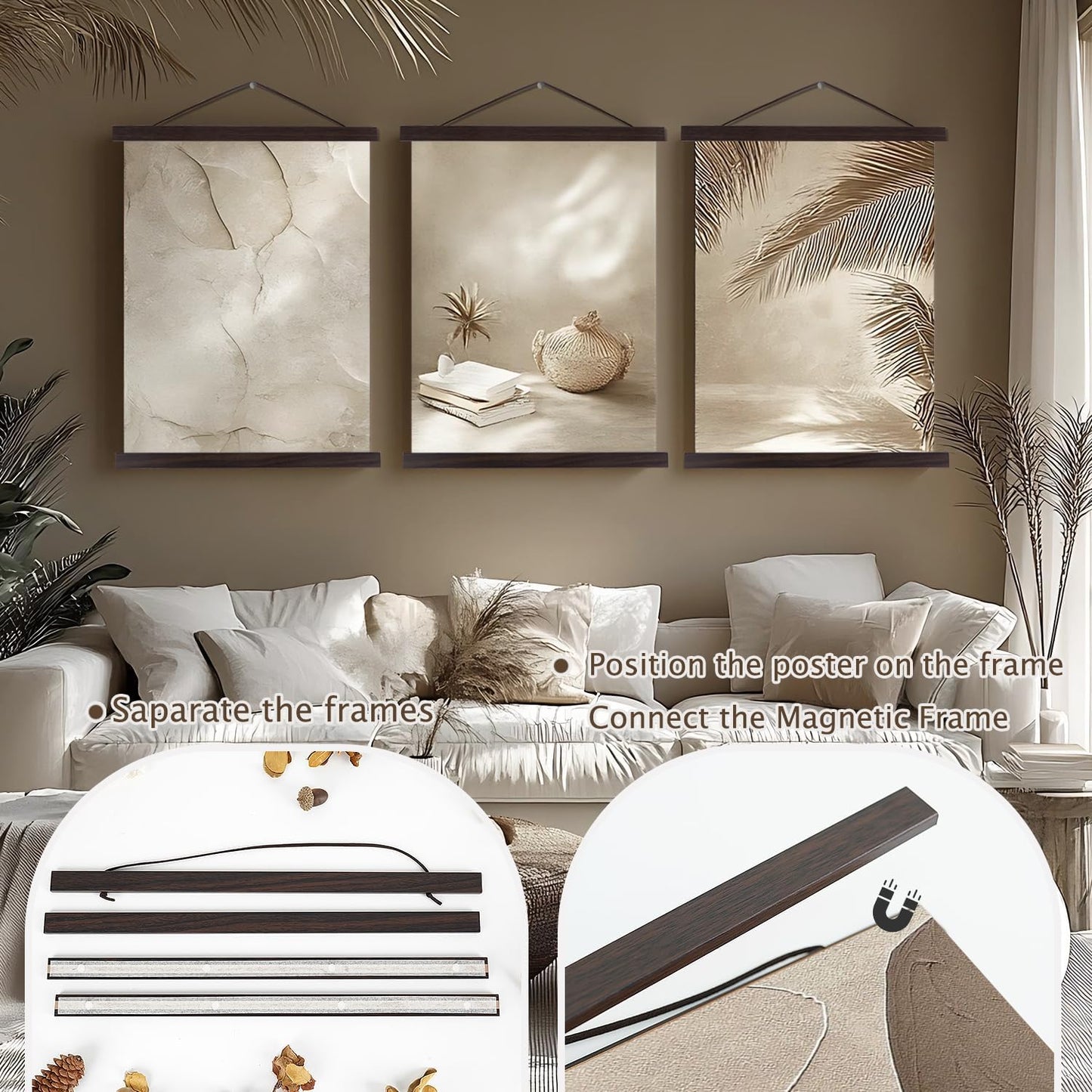 Artmag Magnetic Poster Hanger Frame, 11x14 11x17 Light Wood Wooden Magnet Canvas Artwork Print Poster Hangers Frames Hanging Kit (Walnut, 11")