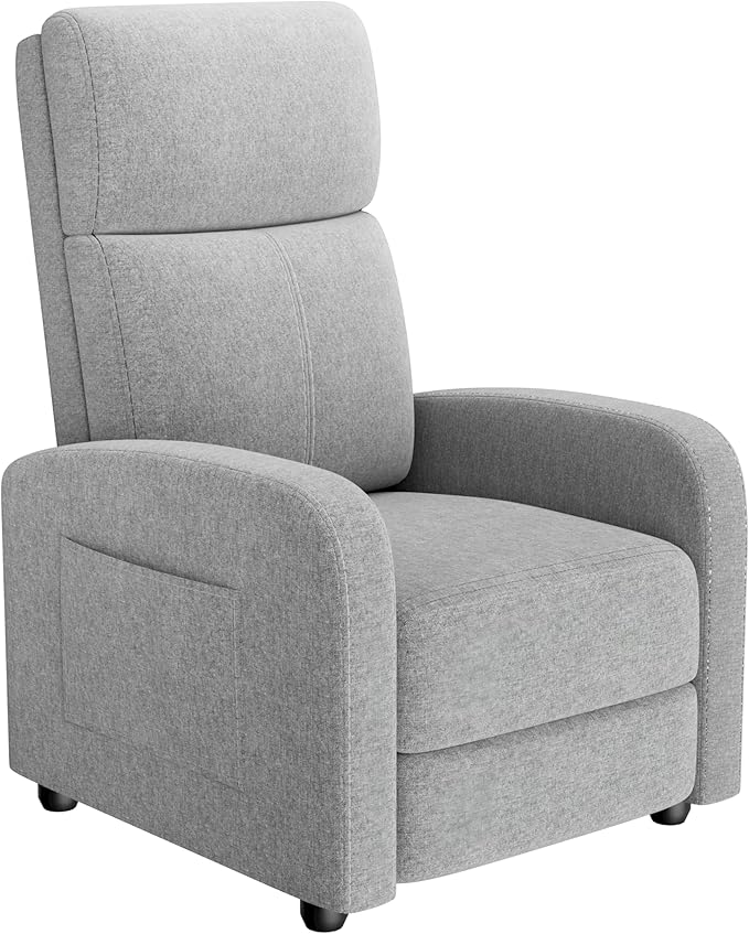 GarveeHome Linen Fabric Manual Recliner Chair, with Side Pocket, High Backrest, Thick Cushion, Adjustable Push Back Recliner,Lazy Lounge Chair for Living Room, Home Theater, Bedroom, Gray