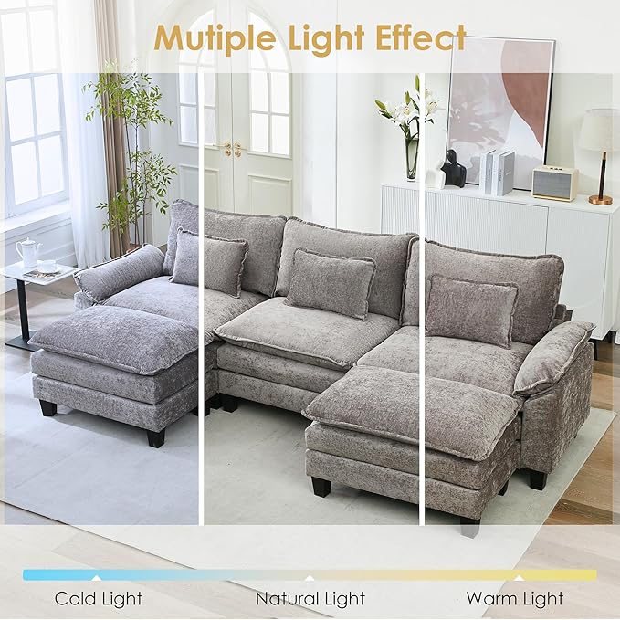URRED Cloud Couch Modular Sectional Sofa, 122" Modern U Shaped Deep Seat Sofa with 2 Ottomans & Pillows, Ultra Comfy Chenille Couches for Living Room, Bedroom or Apartment, Light Gray