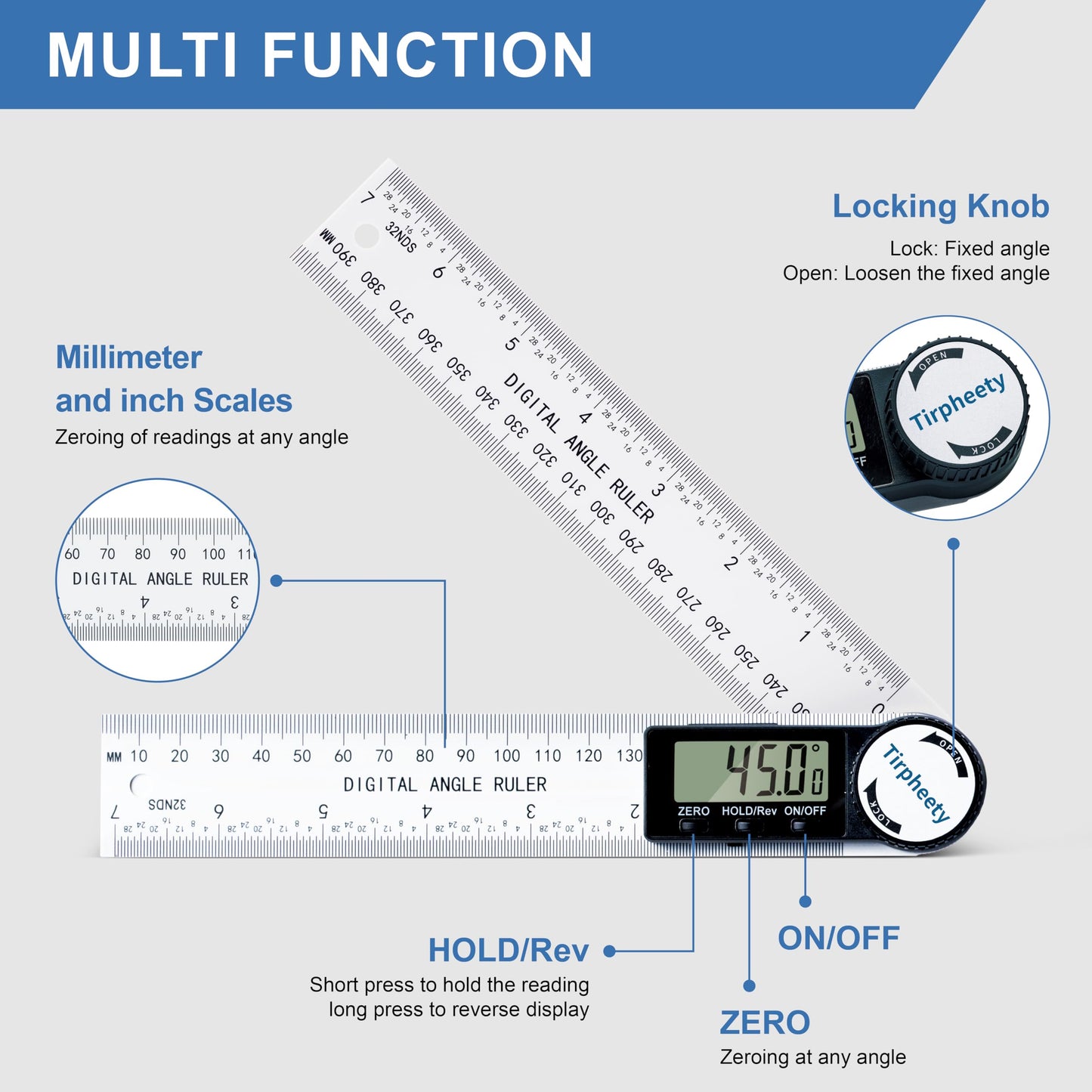 Tirpheety Digital Angle Finder Protractor, 3rd Generation Quick Display Angle Gauge Ruler, 7-Inch (200mm) Professional Measuring Tool for Woodworking, Carpentry, and Construction