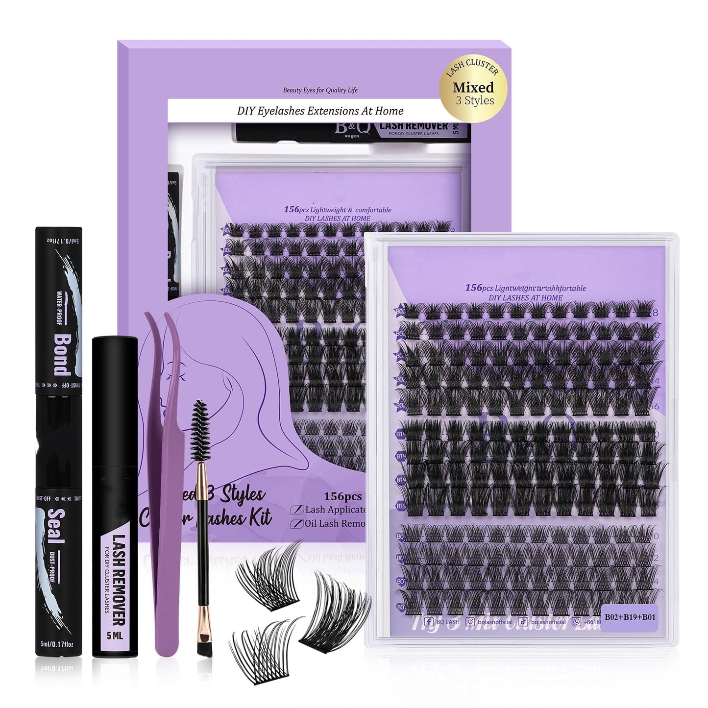 Lash Clusters Kit B01+B02+B19 Eyelash Extension Kit B&Qaugen DIY Lash Extension Kit 156 PCS Lash Clusters 8-18mm Cluster with La