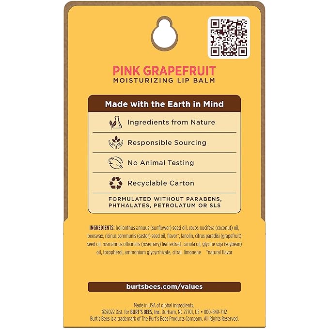 Burt's Bees Lip Balm - Pink Grapefruit, Lip Moisturizer With Responsibly Sourced Beeswax, Tint-Free, Natural Origin Conditioning Treatment, 2 Tubes, 0.15 oz. (Pack of 2)