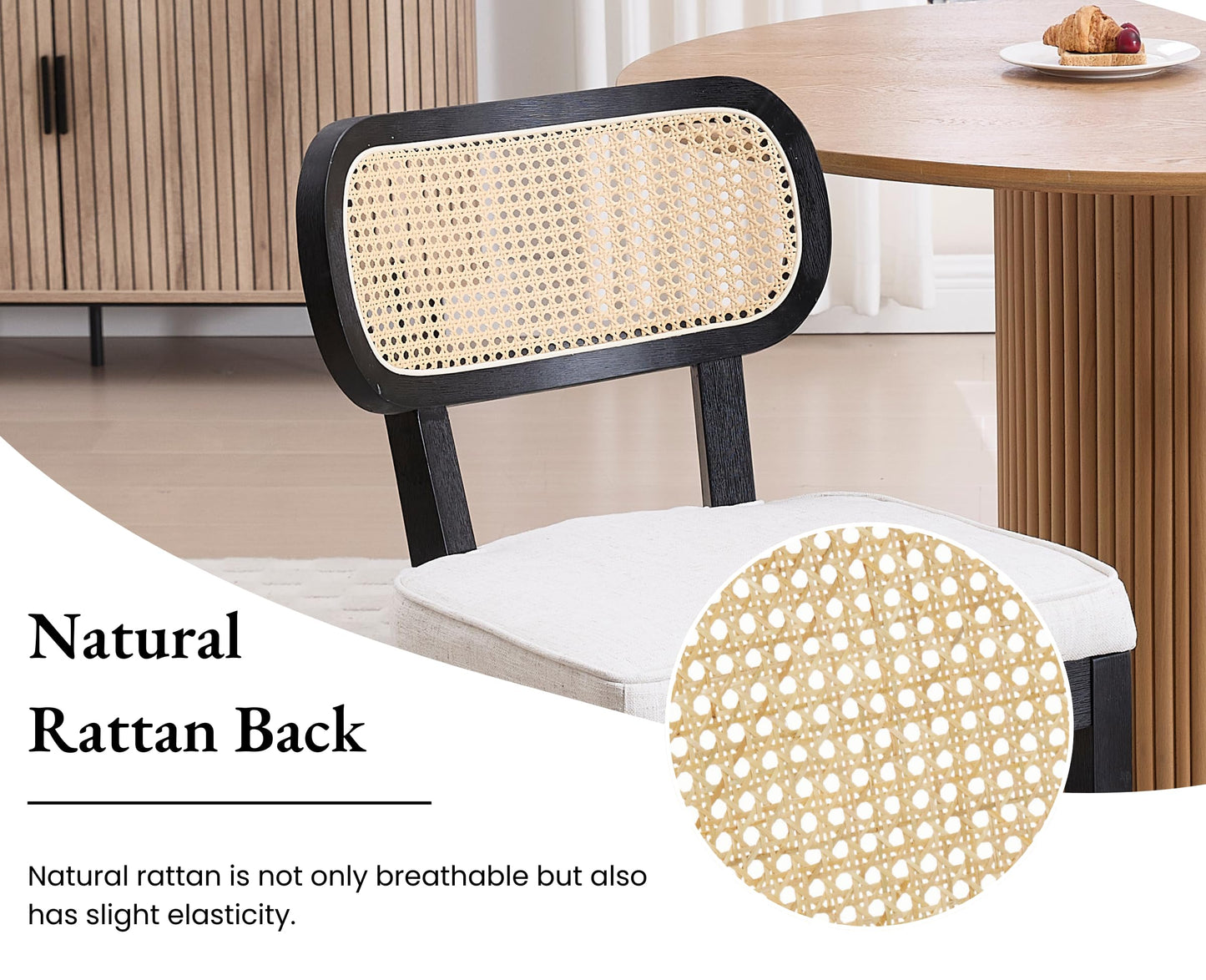 EALSON Mid Century Modern Rattan Dining Chairs Set of 4 Farmhouse Black Wood Kitchen Chairs with Cane Back Linen Upholstered Accent Armless Chairs for Dining/Living Room Restaurant, Beige