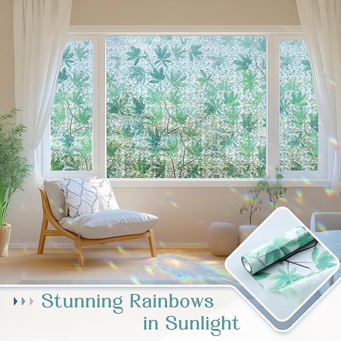 Haton Window Privacy Film, Rainbow Decorative Film, Stained Glass Window Clings, Static Cling UV Blocking Heat Control Tint Sticker for Home Door, Leaf Rainbow, 23.6" x 157.4" Non-Adhesive