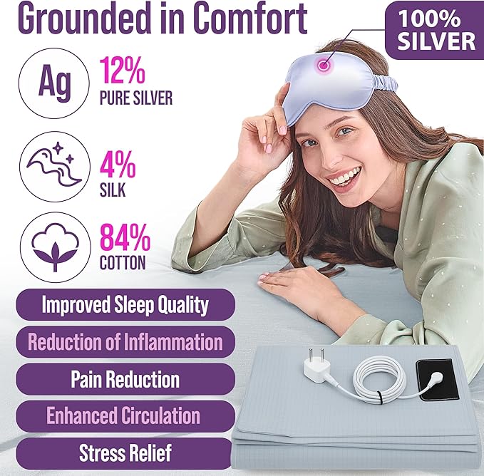 Earth Grounding Sheets California Size with 12% Silver Fiber & 4% Silk & 84% Cotton - Cloud Gray - SGS Quality Certified Grounded Well Bed Sheet - Conductive Fitted Sheet for Better Sleep