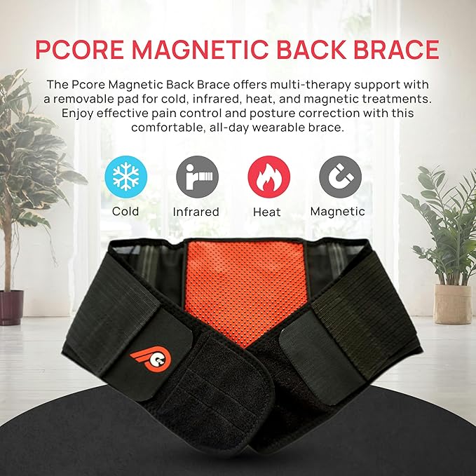 PRIMEKINETIX Pcore Dynamic Lower Back Support Belt - Adjustable Lumbar Brace for Pain Relief with Heat & Ice Therapy - Posture Corrector for Men Women - Breathable Core Support Belt, Size L