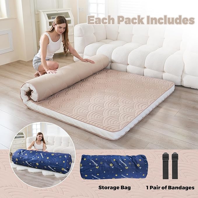 Zelladorra Japanese Floor Mattress, Quilted Futon Mattress with Anti-Slip Bottom, Foldable Floor Bed with Storage Bag and Straps, (Beige, Full)