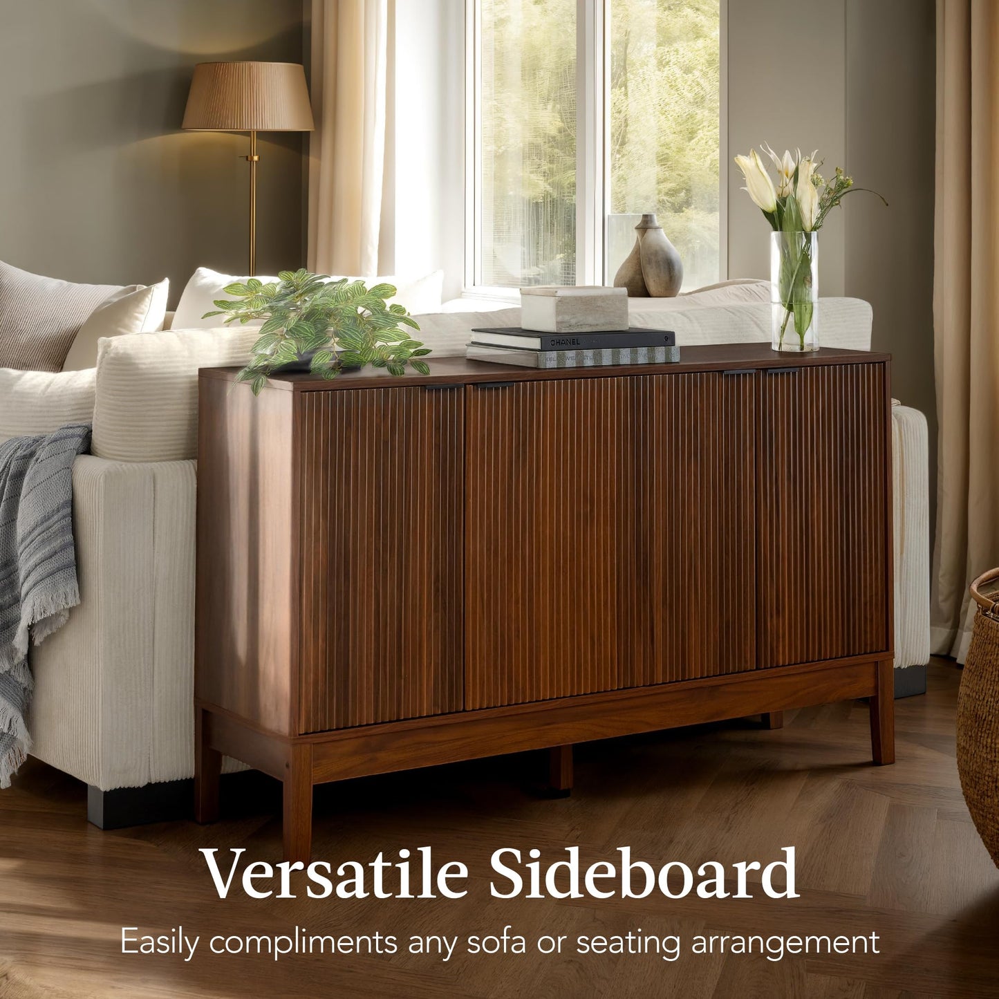 Best Choice Products 55" Modern 4-Door Sideboard Storage Cabinet, Buffet, Media Cabinet, Cupboard, Entryway Accent Table, Bookcase w/Reed Panels and Adjustable Shelves – Walnut
