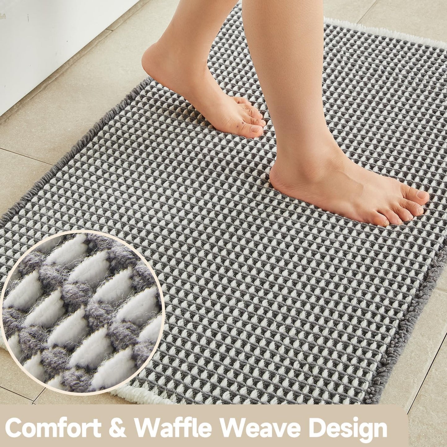 Waffle Bath Mat, Boho Bathroom Rugs Non Slip Washable Super Absorbent Quick Dry Bath Mat Farmhouse Bathroom Decor, 30"x20" Grey and White