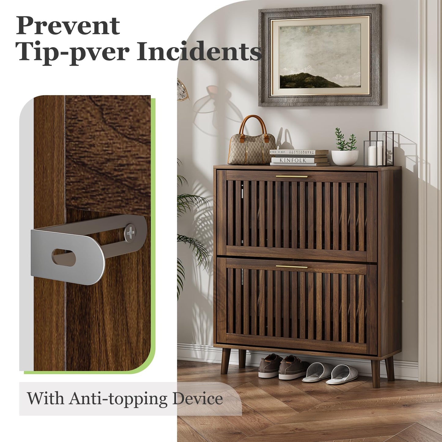 Shoe Cabinet, Shoe Storage Cabinet with Louvered 2 Flip Drawers, Narrow Shoe Cabinet Storage for Entryway, Freestanding Shoe Organizer Cabinet with Golden Handles, Slim Shoe Rack Cabinet (Walnut)