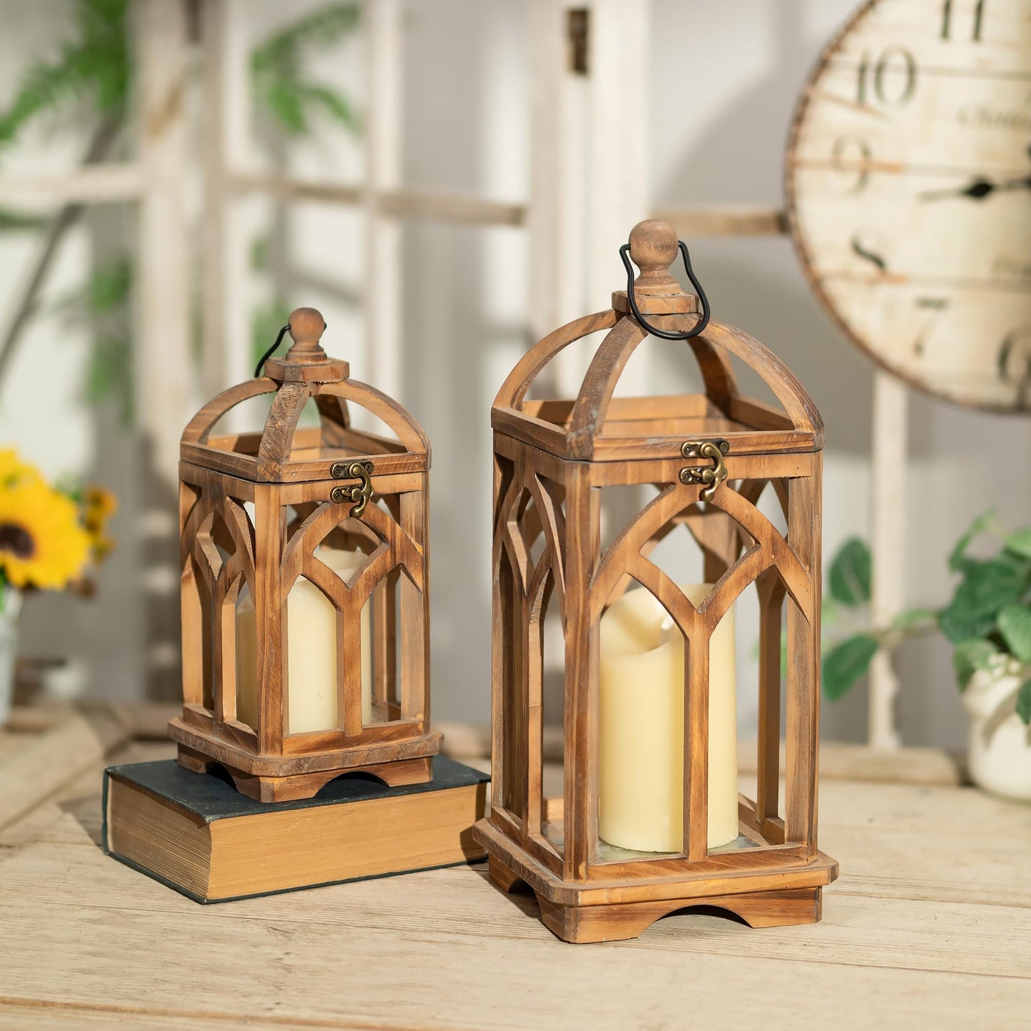 Staymoment Farmhouse Lanterns Decorative Indoor: 11" & 15" Set of 2 Brown Wooden Candle Holder Lanterns for Table Centerpiece Fireplace Mantle Home Decor