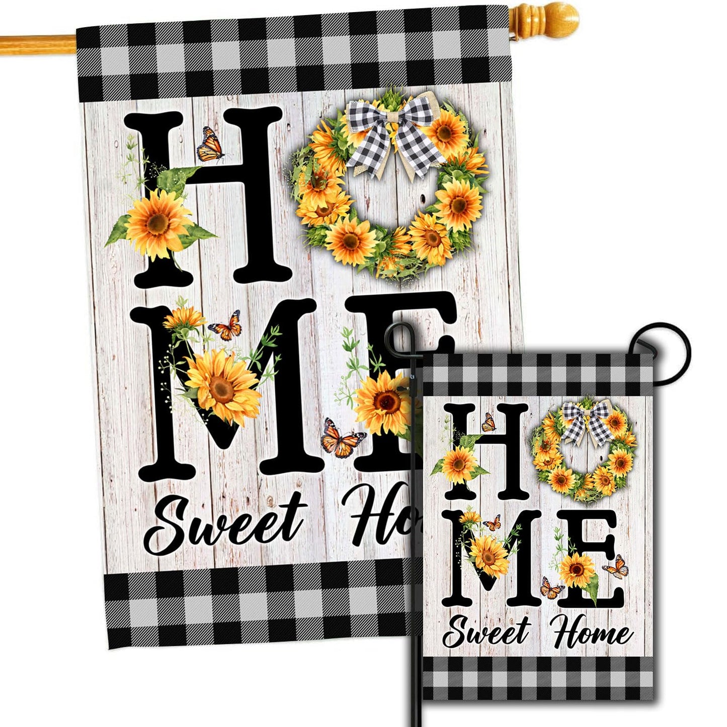 Home Sweet Home Sunflower Flag Double Sided, Summer Plaid Outdoor Decor for Yard, Set of 2 Summers House Flags 28x40 & Garden Flags 12x18 Double sided (House + Garden Flags)