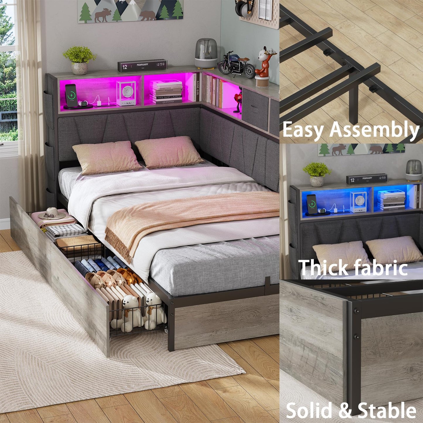 Twin XL Corner Bed Frame with Storage Bookcase, Kids Bed Unit with Charging Station and LED Light, Twin XL Size Platform Beds with Storage and Charging Station, with 2 Underneath Drawers, Grey