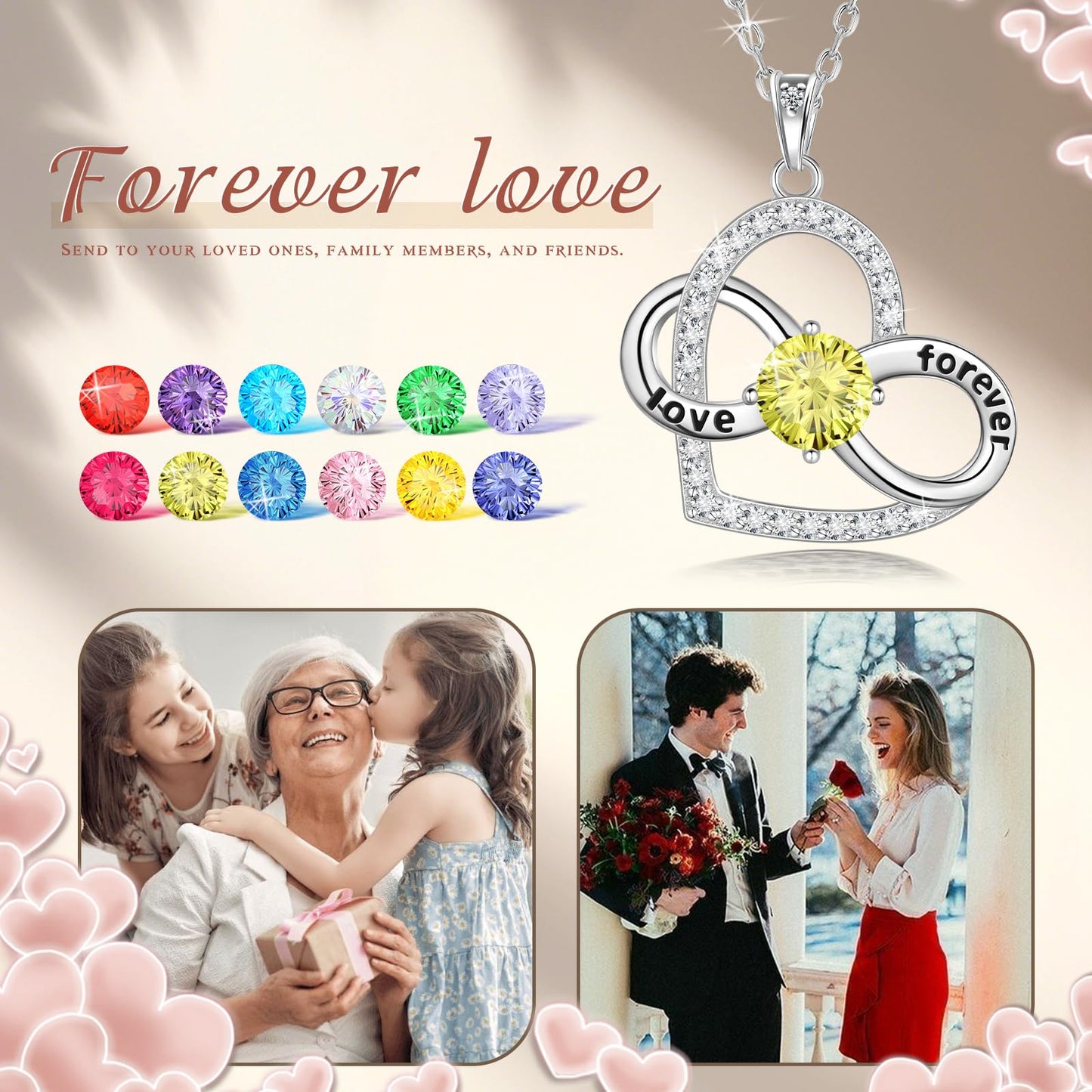 Birthstone Love Heart Infinity Pendant Necklace - 925 Sterling Silver Firework-Cut Cubic Zirconia Love Forever Infinity Necklace Anniversary Birthday Jewelry Gift for Women Wife Mom Daughter (04-April)