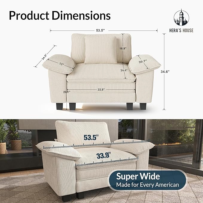 HERA'S HOUSE 54" Modular Sectional Sofa Couches for Living Room, Comfy Cloud Couch 1-Seater Deep Seat Sofa with Throw Pillow, Corduroy Beige