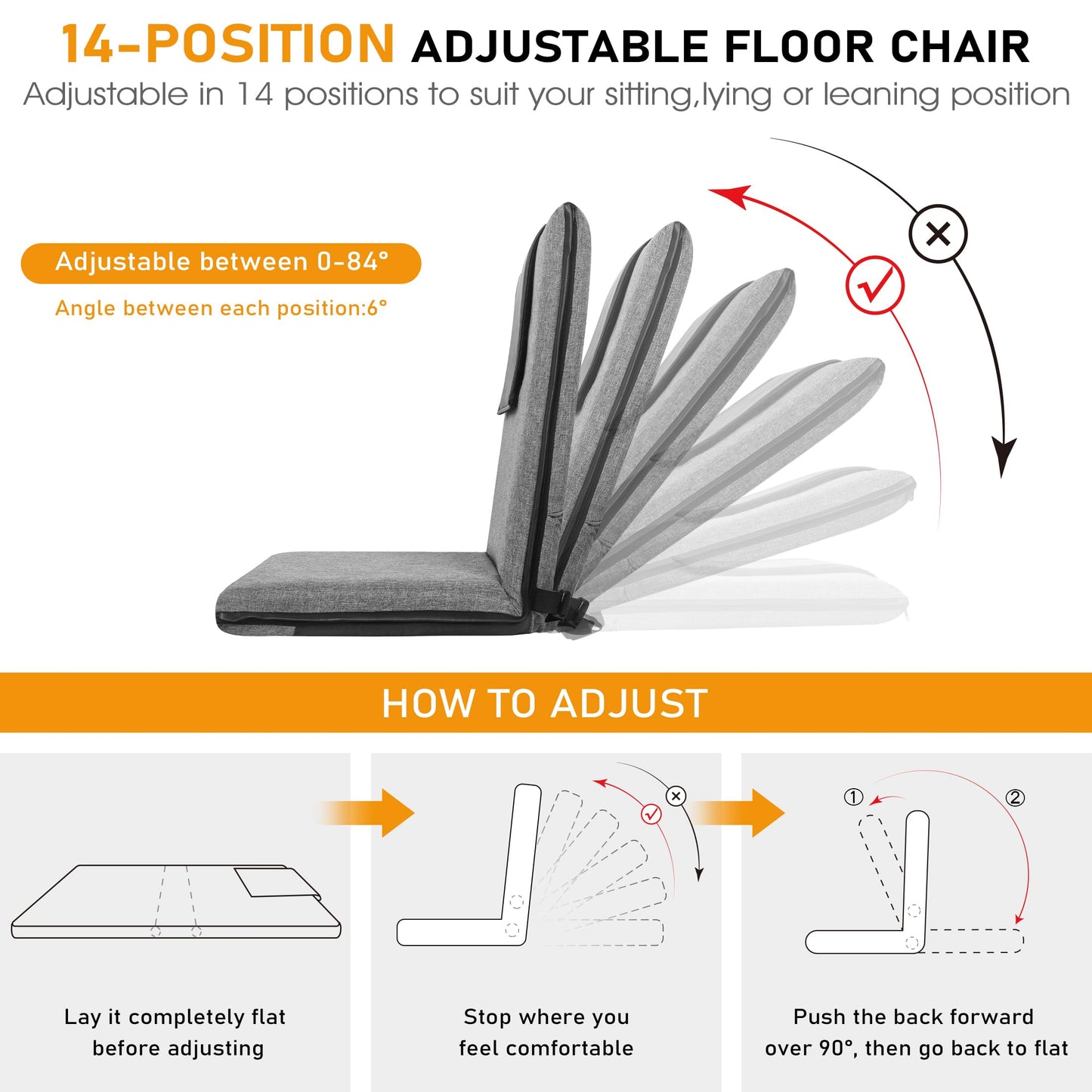 FASTMOMENT Floor Chair with Back Support 14-Position Adjustable Floor Chair Portable Ground Seating for Adults & Kids Foldable Meditation Seat with Japanese KOYO Bearings & Washable Linen Cover (Grey)