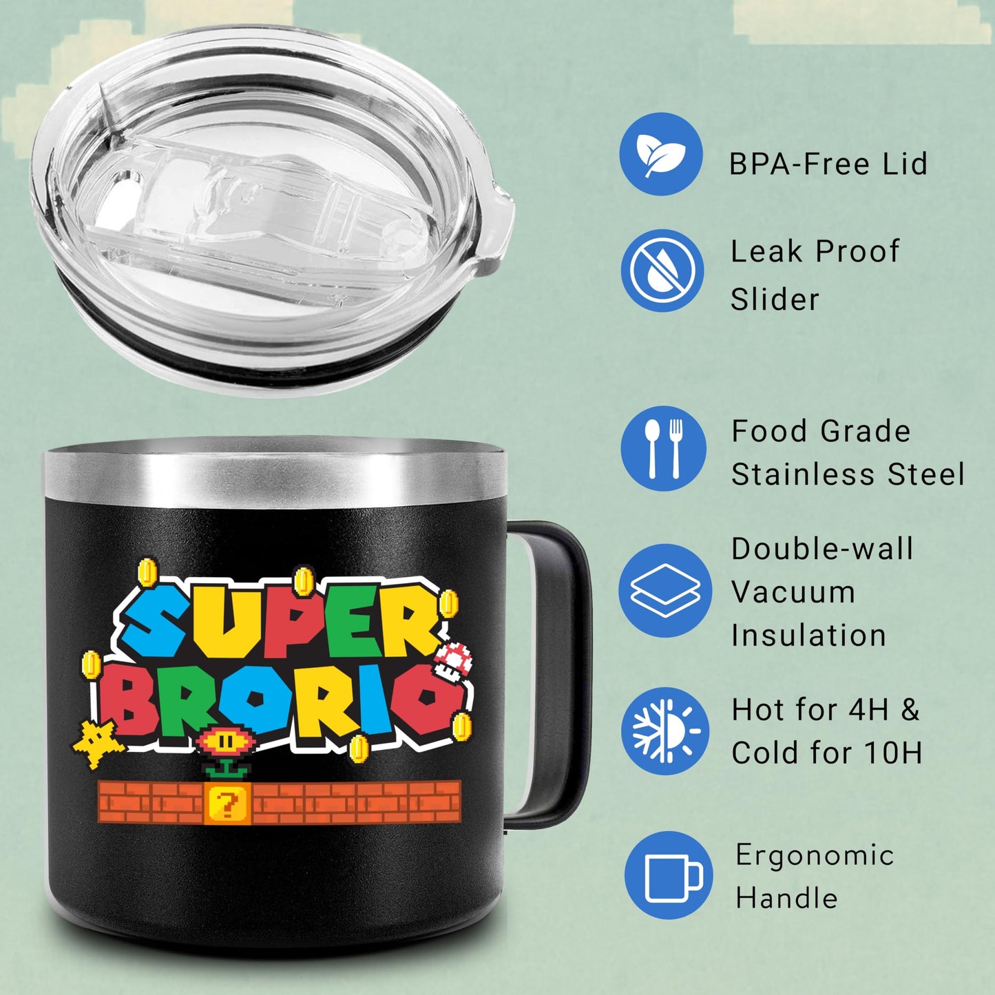 CHUSUKASU Gifts for Brother from Sister, Funny Birthday Present, Big Brother Gifts for Boy, Cool Ideas for Adult Older Bros, Super Brorio Mug Tumbler 14Oz - Insulated Coffee Cup with Lid and Gift Box