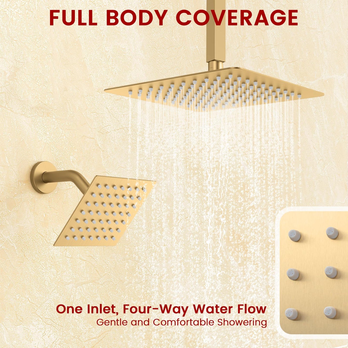 Push Button Diverter Shower Faucet Set Hydro Power Temperature Display, Shower System Ceiling Mounted 10" & Wall Mounted 6" Shower Head with 3-Spary Handheld, Brushed Gold
