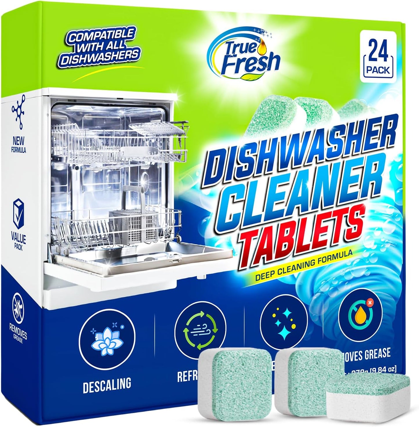 True Fresh Dishwasher Cleaner & Deodorizer Tablets 24-Pack – Deep Clean, Fresh, Sparkling Dishwasher Cleaning Tablets for Spray Arms, Filters & Drains – Removes Grease, Residue & Hard Water Buildup