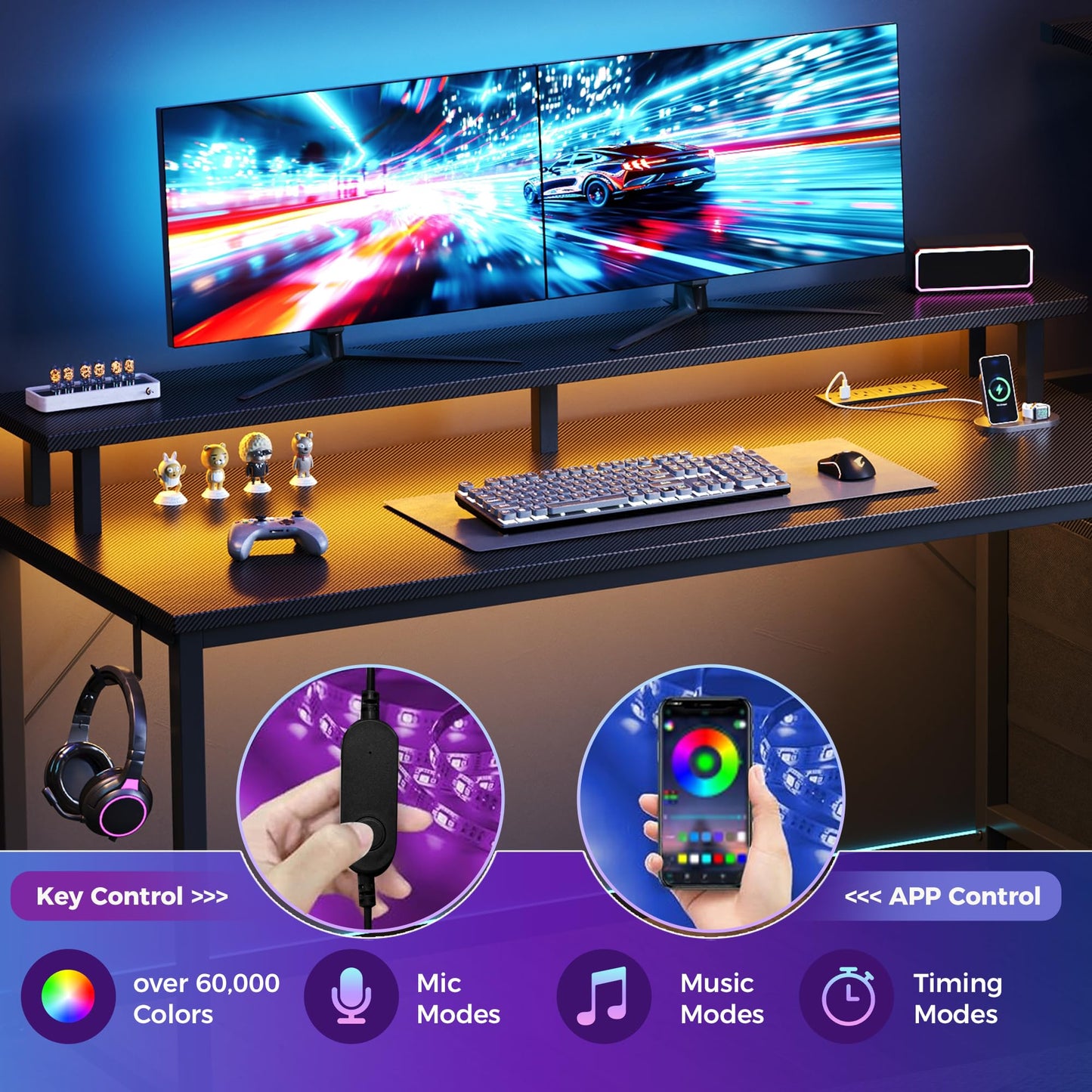 DUMOS 59-Inch L-Shaped Gaming Desk with LED Lights, Power Outlets, Storage Drawers & Shelves Computer Desk with PC Stand and Cable Management for Bedroom Dual Monitor Streaming, Black
