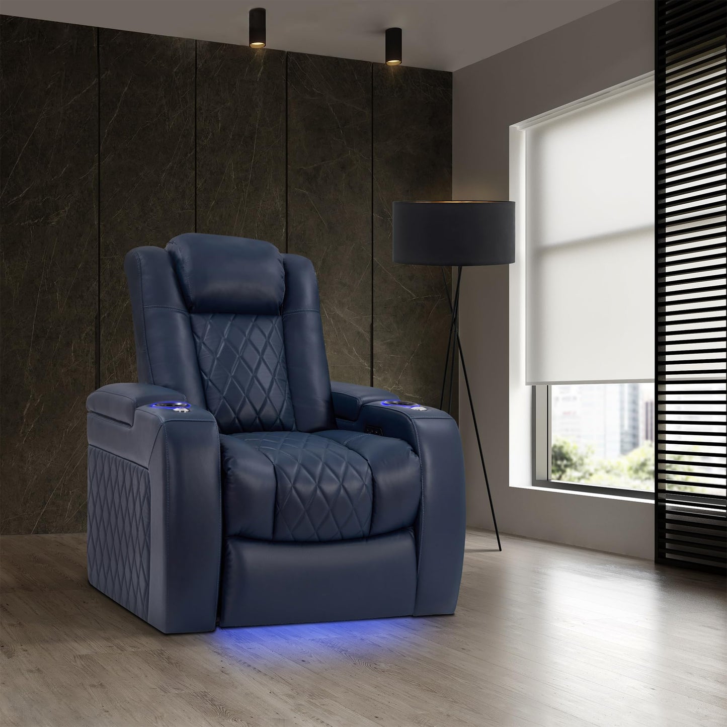 Valencia Tuscany Home Theater Seat - Nappa Leather Power Recliner with Cool Gel Memory Foam, USB-C/A Charging, RGB LED Lights, Adjustable Lumbar & Headrest (Single Recliner, Navy Blue)