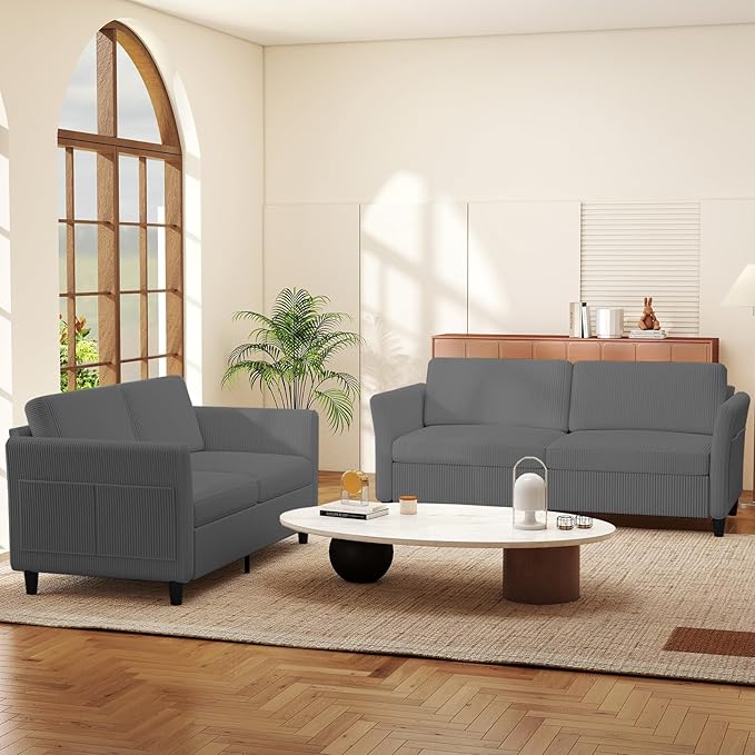 Corduroy Loveseat Sofa, Modern Comfy Couches with Side Pocket, Cloud Sofa Couch for Living Room, Bedroom and Small Spaces,Grey