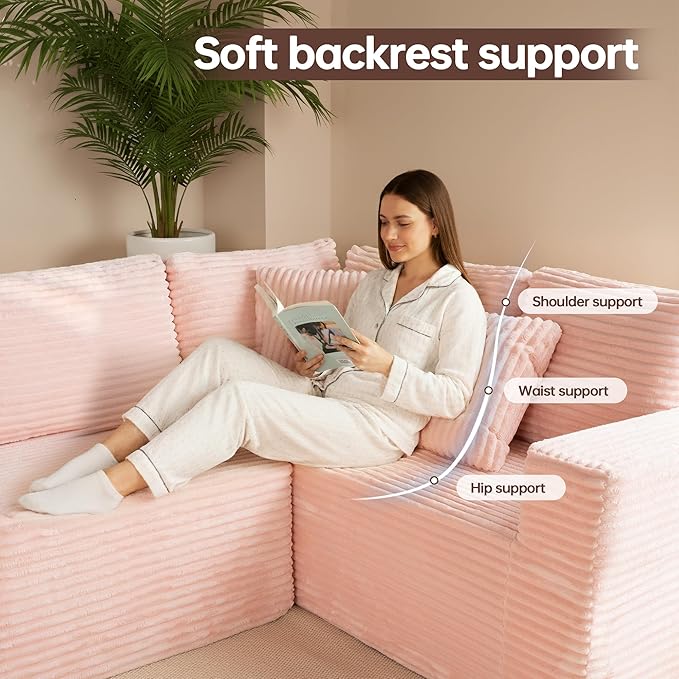 135.5" Cloud Sectional Couch,Boneless Corduroy Sofa for Living Room,Oversized U Shaped Sofa with Chaise,Deep Seat,No Assembly Required,Modular Sectional Sofa（Pink）