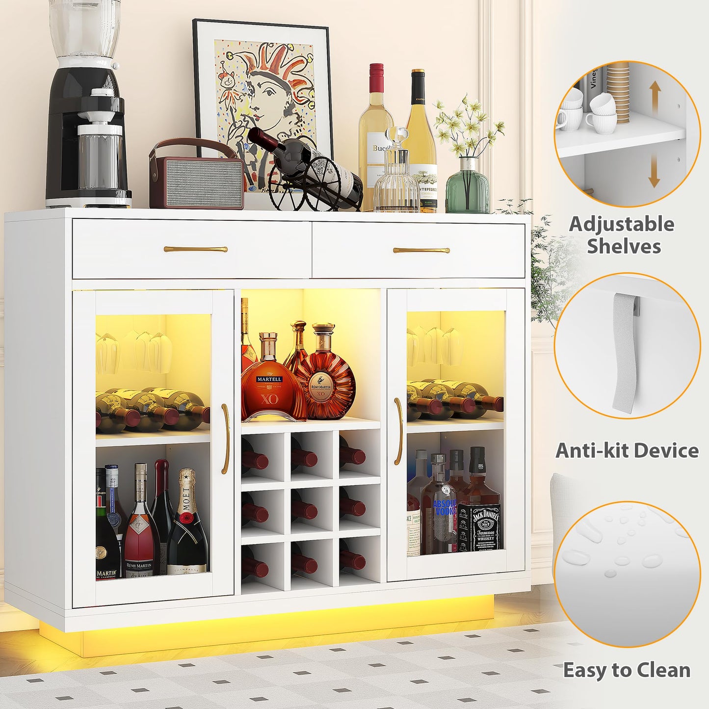 knoworld Wine Bar Cabinet with LED Lights, Liquor Cabinet with Wine and Glass Rack, Wine Cabinet Coffee Bar Cabinets, Kitchen Buffet Sideboard with Storage for Living Room, Dining Room