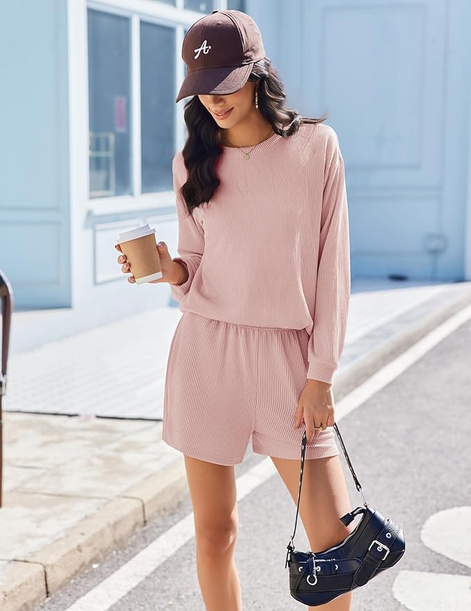 Ekouaer 2 Pieces Lounge Set for Women Long Sleeve Pajamas Top and Shorts Matching Sets Outfits with Pockets