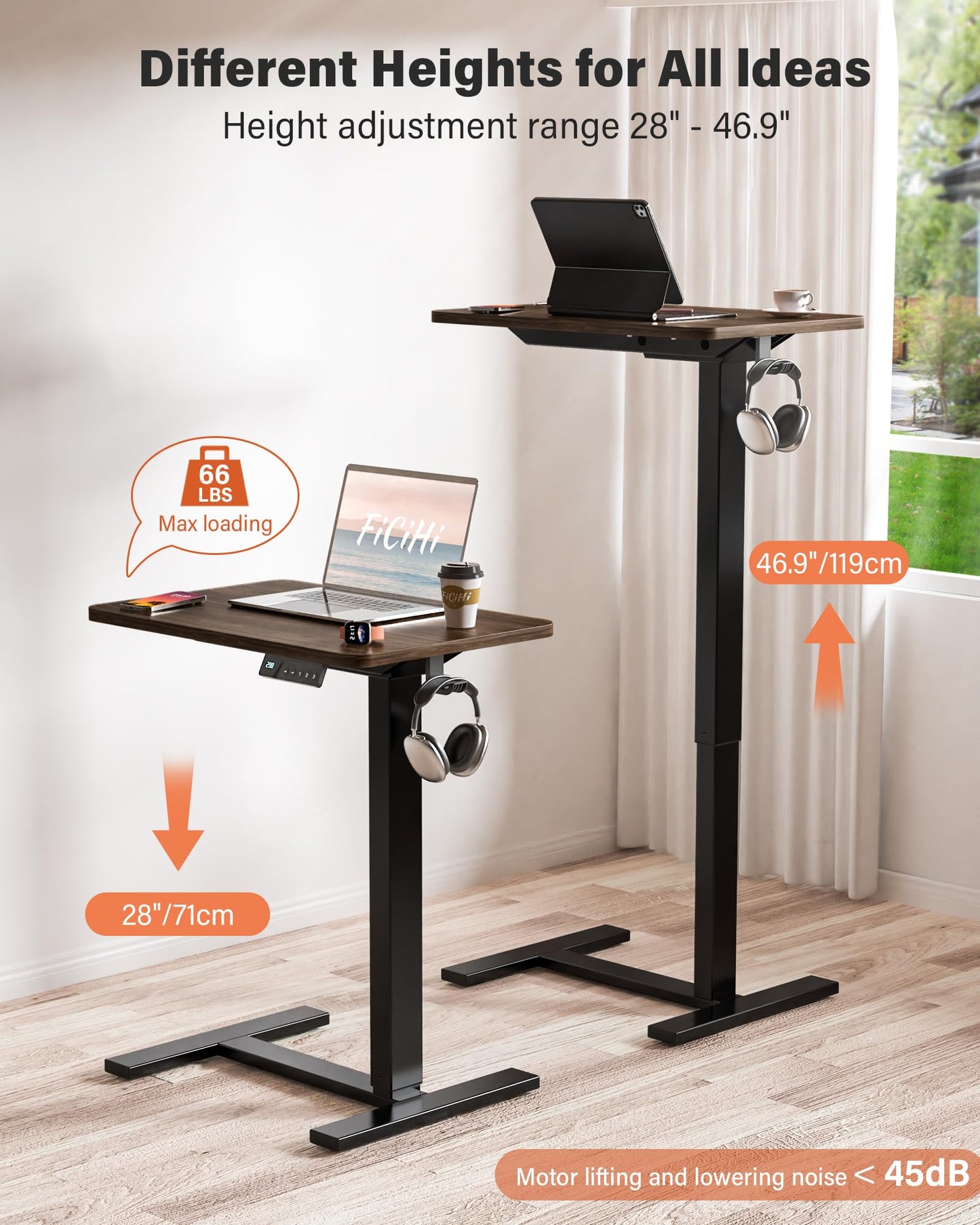 FiCiHi Mobile Standing Desk with Wheels - Electric Height Adjustable Small Movable Laptop Desk, Portable Rolling Computer Workstation Sit Stand Table for Home Office, Sofa & Bedside Use(23.6", Walnut)