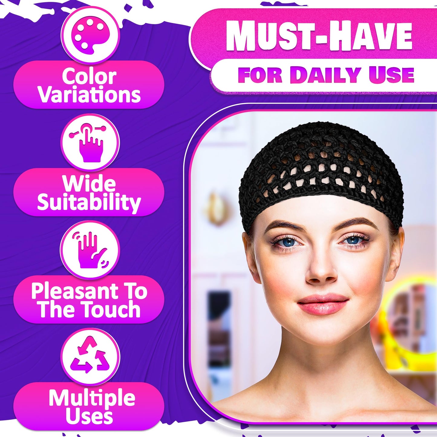 4 Pcs Black Hair Net for Women – 5.5 x 7" Soft, Lightweight Viscose Hair Nets for Sleeping – Stretchable, Breathable, Comfortable for Extended Wear, Size May Vary by 0.5–1" – Gentle for Daily Use